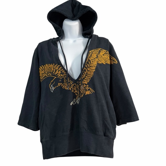 Lucky Brand Tops - Lucky Brand Black Embroidered Eagle Hoodie Size Small Deep V Pullover Active